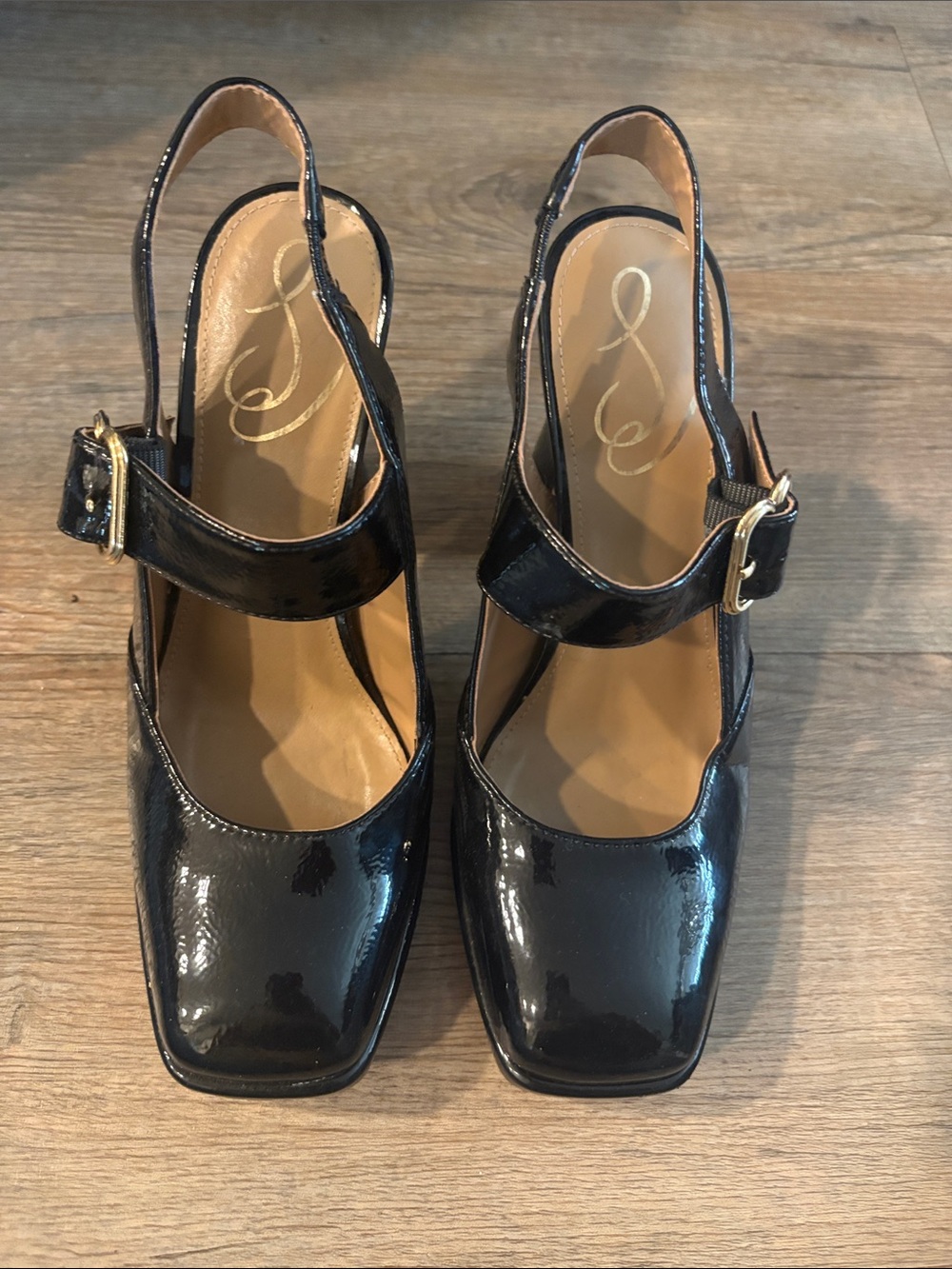 Sam Edelman Black Patent Slingback Heels with Gold Buckle
